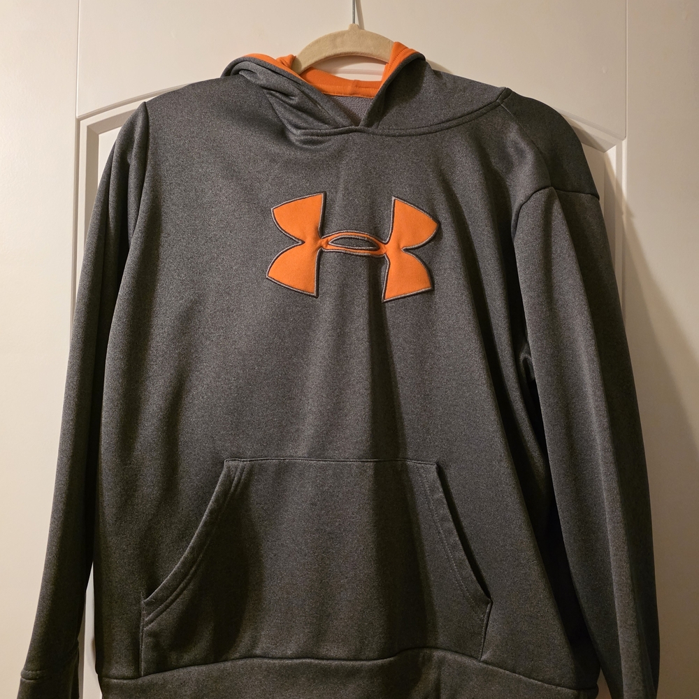 Under Armour Men's Charcoal Hoodie with Vibrant Orange Logo